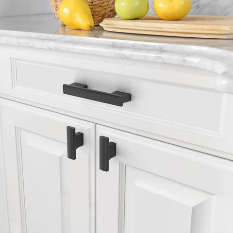 Matte Black Cabinet Knobs 2 Inch 50mm 10 Pack Single Hole Kitchen Cabinet Pulls on white cabinet doors, modern style