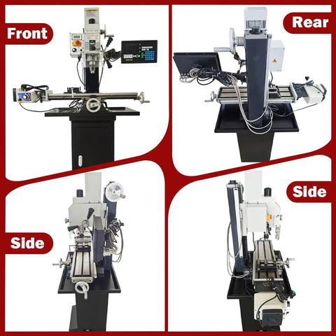 Heavy Duty 1300W Mill Drill Machine Boasts A Crisp DRO Display And A Brushless Motor For Rock Solid Variable Speed Power Feed viewed from front, rear and side angles.