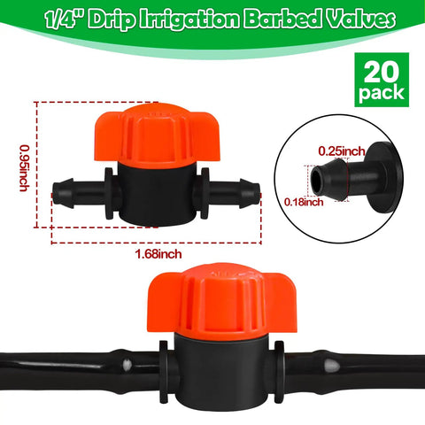 20 Pack One Quarter Inch Drip Irrigation Valve Fittings With In Line Shut Off Valves Barbed Connectors diagram