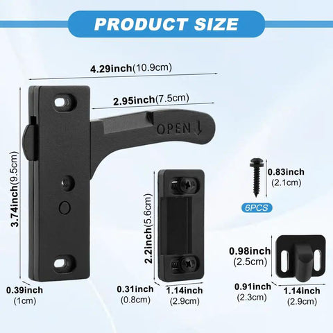 Heavy Duty Aluminum RV Screen Door Latch Replacement Kit With Right Handle dimensions and components labeled with measurements