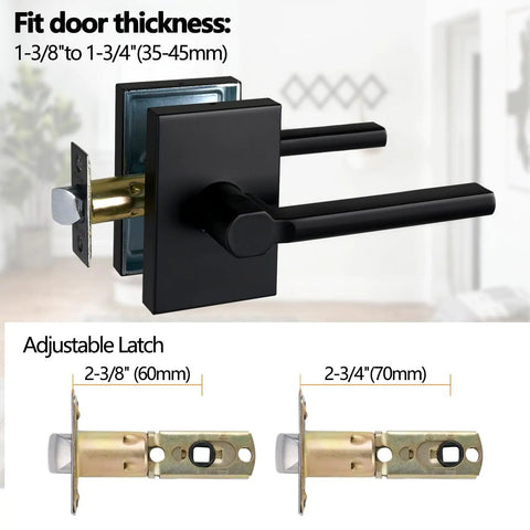 Passage Door Levers Set For Interior Use Beefy Heavy Duty Square Door Handles shown with adjustable latch and fit dimensions