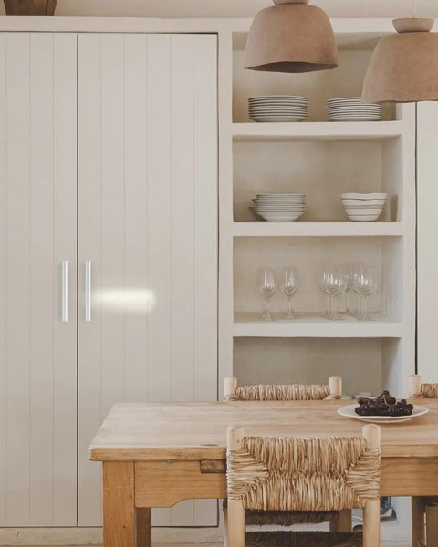 Bright White 5 Pack Closet Door Handles 3.75 Inch Center Pulls on a cabinet in kitchen setting showing handles clearly