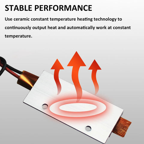 Two PTC heating elements on aluminum-shell ceramic heater plate, 2.36 x 1.10 in, 110V AC/DC.