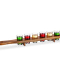 Kick Back Wooden Shooting Board Set With Eighteen Shot Glasses For Chill Game Nights Bar Stash Rack Rustic wood tray with eight shot glasses.