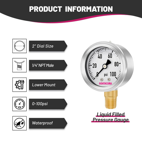 GOATACURA 2-inch dial glycerin-filled pressure gauge with stainless steel case and 1/4" NPT lower mount, 0-100 psi.