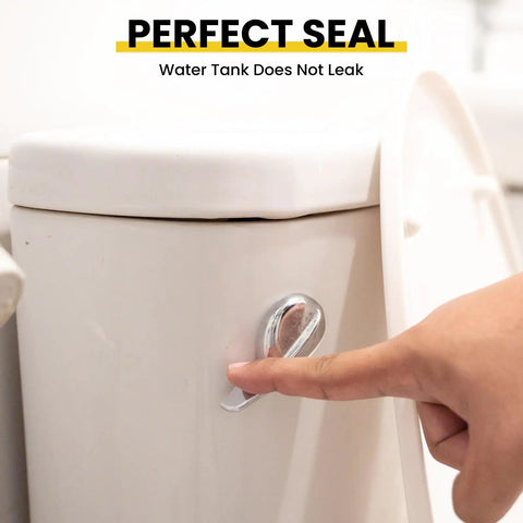 Hand pointing to a toilet tank lever, showing the seal of a 4 Pack Universal Toilet Tank Bolts Kit With Heavy Duty Stainless Steel.