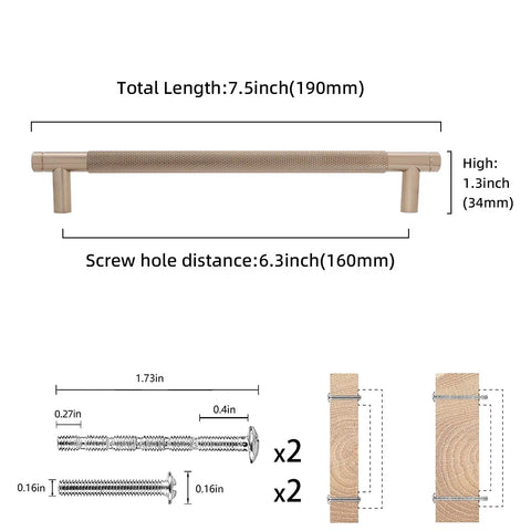 Diagram showing Champagne Bronze Knurled Cabinet Handles Set, 30 Pack, with dimensions of 6-1/4 Inch (160mm) and screw details.