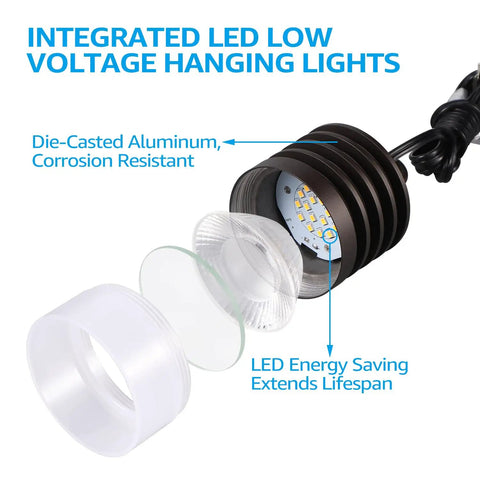 Diagram of Low Voltage Outdoor Pendant Lights Pack Of 4, 12V LED Hanging Tree Lights, IP65 aluminum, LED energy-saving, corrosion resistant.