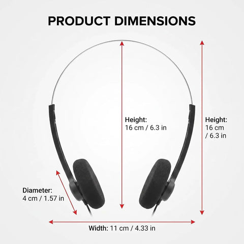 Product dimensions of Retro On Ear Wired Headphones Two Pack featuring height, width, and diameter measurements.