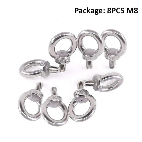 M8 Metric Lifting Eye Bolt Set In 304 Stainless Steel Ring Eyebolt For Rigging Hoisting And Machinery Applications Eight Piece Pack