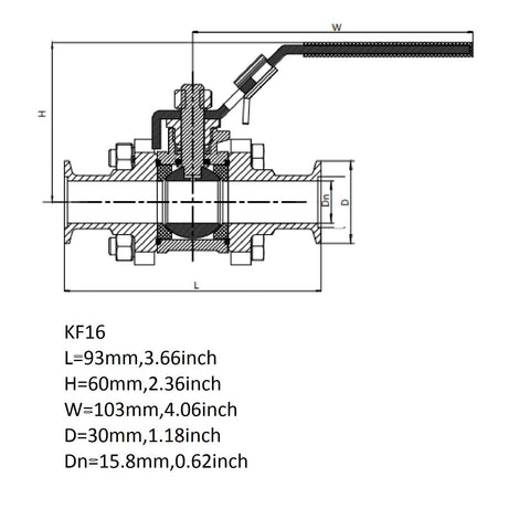 QiiMii KF-16 vacuum ball valve clamp, stainless steel 304, with locking device, cross-section view