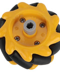 Yellow mecanum wheel for small robot cars; 48mm diameter with black rubber rollers.