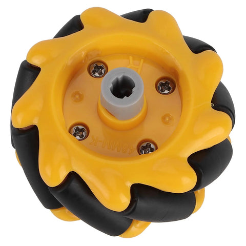 Yellow mecanum wheel for small robot cars; 48mm diameter with black rubber rollers.