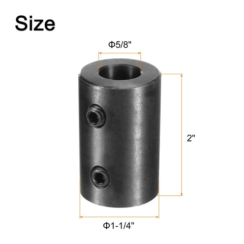 Rigid Shaft Coupling Five Eighths Inch Bore And One And A Quarter Inch Outer Diameter Two Inch Length Black Oxide Plated Steel Motor Wheel Coupler With Two Set Screws For Rock Solid Torque Transmission In Small Machines. size view with 5/8 bore, 1-1/4 in OD, 2 in length