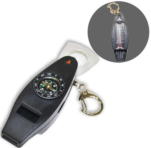4 In 1 Outdoor Survival Tool With Whistle, Compass, Magnifier And Thermometer Plus Key Ring, Must Have Ultra Lightweight Backpack Accessory