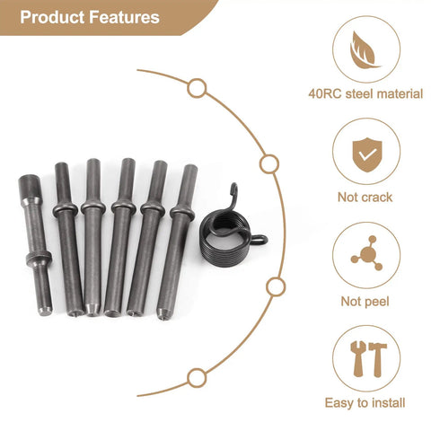 Heavy Duty 7 Piece Pneumatic Air Rivet Hammer Kit With 6 Durable Steel Chisels And Nuts For Smooth Metal Shaping Jobs Perfect For Solid Half Hollow And Hollow Riveting Tasks In Any Workshop Setting, 40RC steel chisel set
