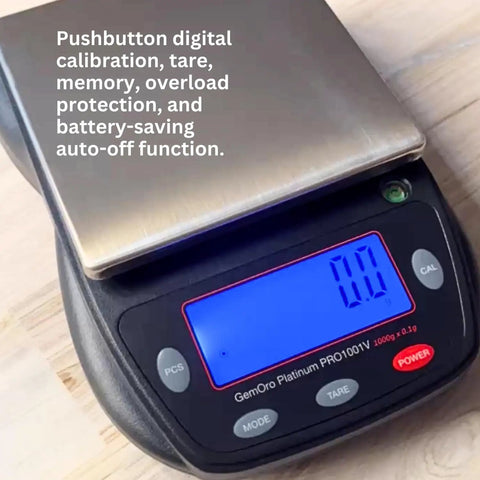 Pro Grade Jewelry Scale 1000G X 0.1G Readout with crystal clear LCD, black edition, displaying 0.1 reading, on wooden surface