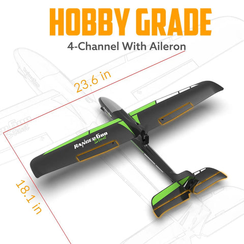 Top view of Hobby Grade 4 Channel RC Airplane For Adults With Sturdy Foam Build, 23.6 by 18.1 inches, showing aileron design.