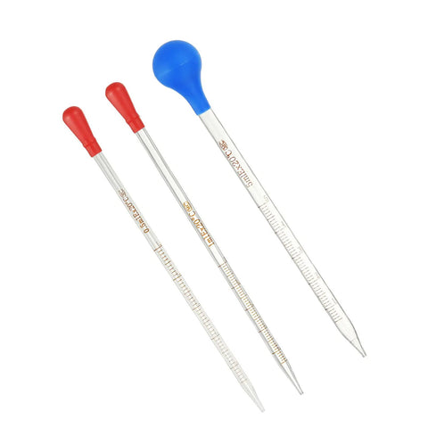 Graduated Dropper Pipettes Kit 3 Pack 0.5ml 1ml 5ml Borosilicate Glass Pipettes with different colored rubber bulbs for lab chemistry
