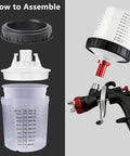 Pro Grade LVLP Spray Gun With Easy Swap 1.3 1.5 1.7 2.0 Mm Tips Plus Ten Disposable Cups assembly parts displayed.