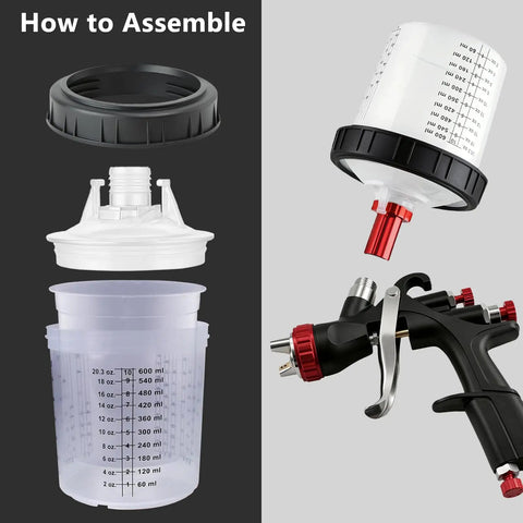 Pro Grade LVLP Spray Gun With Easy Swap 1.3 1.5 1.7 2.0 Mm Tips Plus Ten Disposable Cups assembly parts displayed.