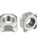 M8 Square Weld Nuts Featuring UNC Coarse Thread And Heavy Duty Carbon Steel Construction For Rugged Metal Fabrication And Furniture Assembly In A Solid Pack Of Ten close-up view of two nuts on a white background