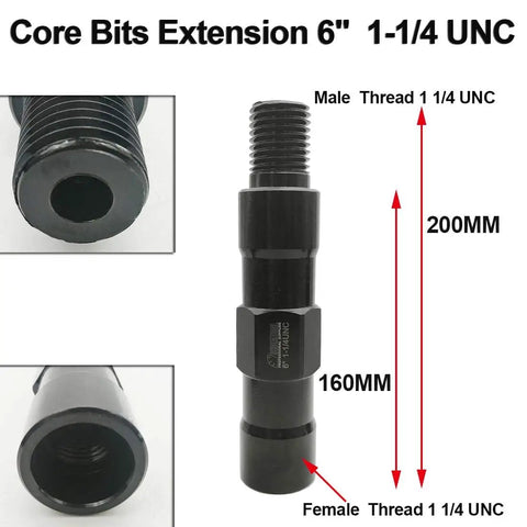 Image showing a Six Inch Extension Rod For Core Drill Bits With One And Quarter Inch UNC Thread, Hollow Shaft For Water Flow.