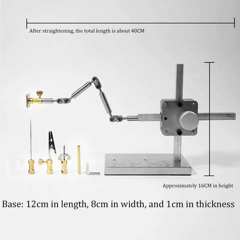 Heavy Duty Anti Tip Metal Base Stop Motion Shooting Bracket with Interchangeable Brass Fixtures displayed with measurements