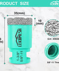 LEKOMESH diamond core drill bit, 1-3/8 in dia (35 mm), 5/8-11 thread, turquoise vacuum-brazed diamond for dry tile and stone