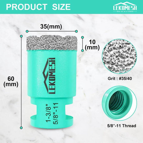 LEKOMESH diamond core drill bit, 1-3/8 in dia (35 mm), 5/8-11 thread, turquoise vacuum-brazed diamond for dry tile and stone