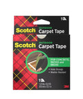 Packaging of outdoor carpet tape for concrete, patios, decks, showing weather-resistant and strong hold features.