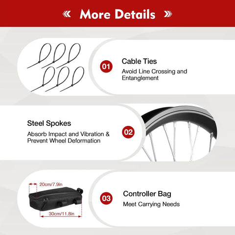 1000W 48V Front Wheel Hub Electric Bike Conversion Kit components, including cable ties, steel spokes, and controller bag.