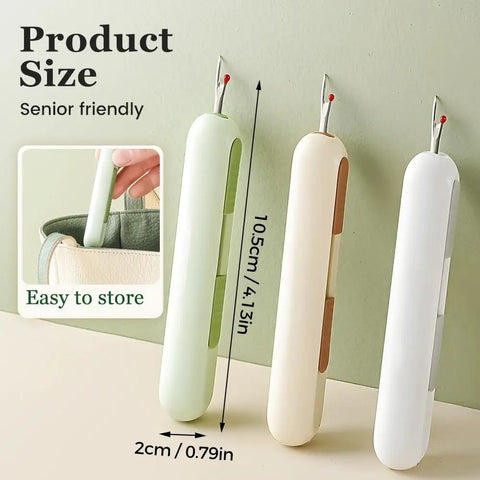 Compact 2 In 1 Needle Threader And Seam Ripper For Sewing Enthusiasts And Seniors next to a bag, showing easy storage and size
