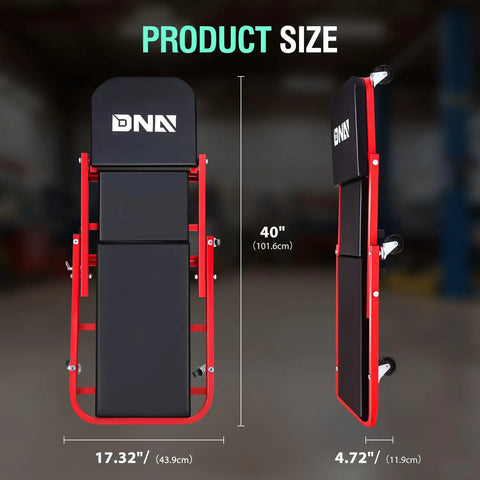 Beefy Low Profile Rolling Folding Mechanic Creeper Seat With Six Swivel Casters And Heavy Duty Steel Frame dimensions shown, 40 inch height and 17.32 inch width.