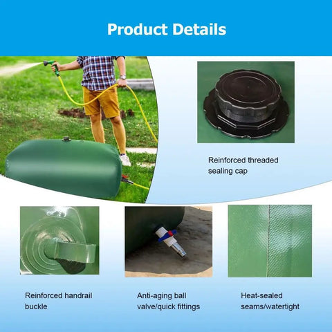 Product details of Foldable Portable Water Storage Bladder Tank 946L 250 Gallon Large Capacity showing reinforced and durable features