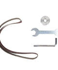 Rock Solid Belt Sander Adapter For Angle Grinder Dead Simple Swap Kit For Four And Five Inch Grinders accessories including sanding belt, wrenches, and washers.