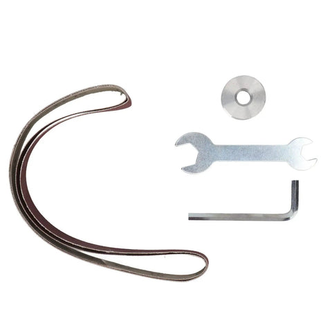 Rock Solid Belt Sander Adapter For Angle Grinder Dead Simple Swap Kit For Four And Five Inch Grinders accessories including sanding belt, wrenches, and washers.
