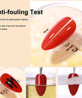 2 Pack Gel Top Coat And Base Coat Set No Wipe For Gel Nails Hema Free Long Lasting 28 Days Glossy High Shine Soak Off UV Gel, anti-fouling test with red nail sample showing shine and durability.