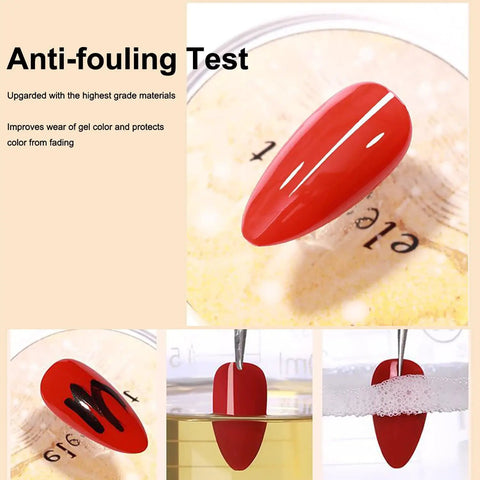 2 Pack Gel Top Coat And Base Coat Set No Wipe For Gel Nails Hema Free Long Lasting 28 Days Glossy High Shine Soak Off UV Gel, anti-fouling test with red nail sample showing shine and durability.