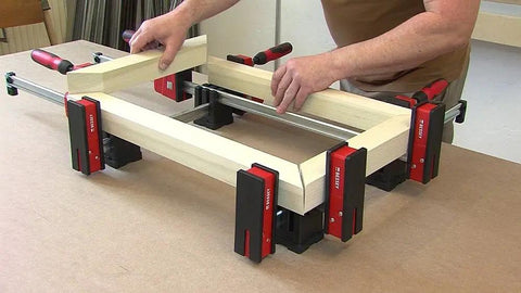 Hardcore Heavy Duty K Body Clamp Kit With Two 24 Inch And Two 50 Inch Bars Plus Kp Blocks in use for woodworking projects.