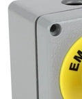 Close-up of Estop Emergency Stop Switch Push Button IP66 Weatherproof Station Box Outdoor With Red Latching Mushroom Button housing.