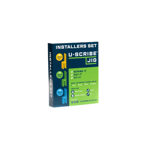Pro Grade Scribe Jig Installers Set box with color-coded jigs for woodworking and carpentry projects.