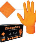 Tough As Nails Eight Mil Orange Nitrile Work Gloves With Raised Diamond Texture For Heavy Duty Industrial Tasks Pack of 100.