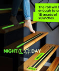 Person using Heavy Duty Grip Tape For Stairs With Glow In The Dark Strips Waterproof Anti Slip Non Skid Tape For Indoor Outdoor Steps 2 Inch Wide By 35 Feet Black Traction And Night Visibility on wooden steps at night
