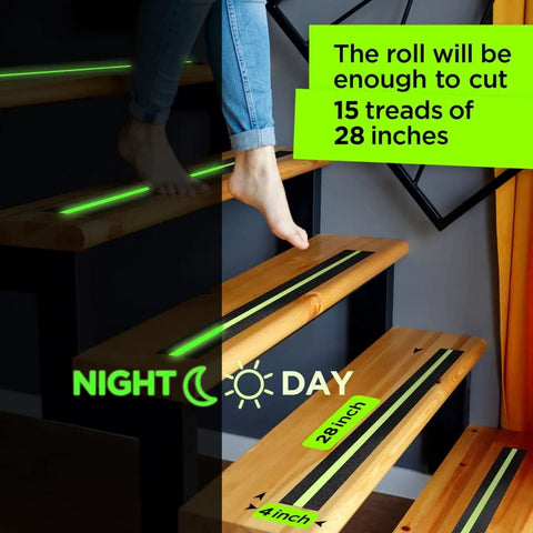 Person using Heavy Duty Grip Tape For Stairs With Glow In The Dark Strips Waterproof Anti Slip Non Skid Tape For Indoor Outdoor Steps 2 Inch Wide By 35 Feet Black Traction And Night Visibility on wooden steps at night
