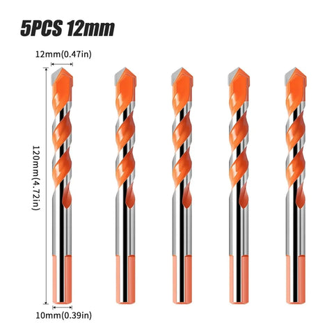 Top Shelf Tungsten Steel Glass Tile Punch Drill Bit Set That Crushes Through Concrete And Cement With Five Piece Assorted Size Range. 5 pieces of 12mm drill bits.