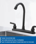 JAKARDA RV Non-Metallic Kitchen Black Faucet Two Handle-8" Main Body-High Arch-360 Swivel close-up view with sink.