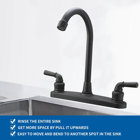 JAKARDA RV Non-Metallic Kitchen Black Faucet Two Handle-8" Main Body-High Arch-360 Swivel close-up view with sink.