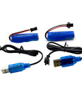 Two Pack 3.7V 800mAh Li Ion RC Battery With USB Cable SM 2P Plug For Double Sided Stunt RC Cars Small RC Boats Amphibious RC Vehicles And One Eighteenth Scale RC Trucks Ready To Power Up Your Fleet. Blue batteries and USB cables shown.