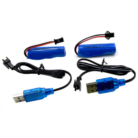 Two Pack 3.7V 800mAh Li Ion RC Battery With USB Cable SM 2P Plug For Double Sided Stunt RC Cars Small RC Boats Amphibious RC Vehicles And One Eighteenth Scale RC Trucks Ready To Power Up Your Fleet. Blue batteries and USB cables shown.